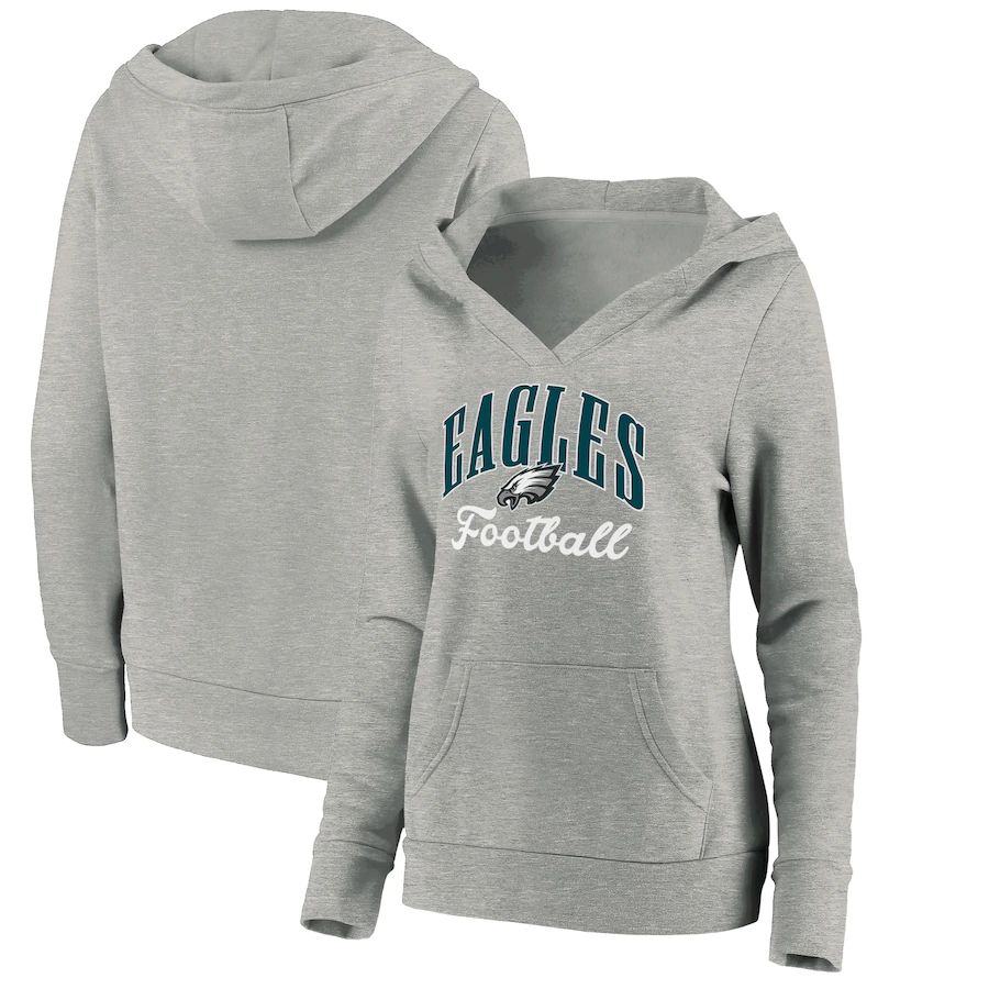 Women Philadelphia Eagles Fanatics Branded Heathered Gray Victory Script V-Neck Pullover Hoodie